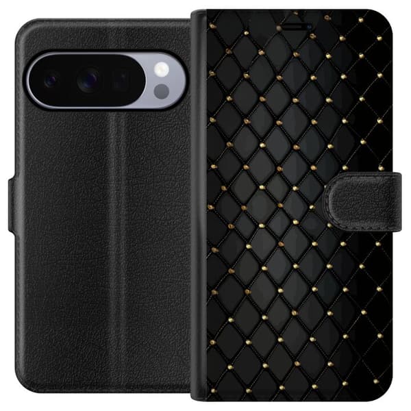 Kompatibel Tegnebogsetui til Google Pixel 11 Pro Elegant sort diamantmønster med guldfarvede linjer og detaljer