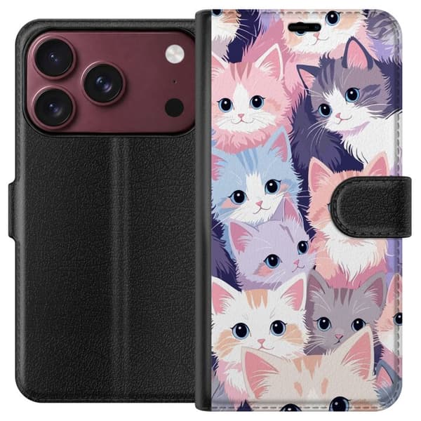 Kompatibel Tegnebogsetui til Apple iPhone 18 Pro Søde killinger med store blå øjne i lyserøde, lilla og blå pastelfarver