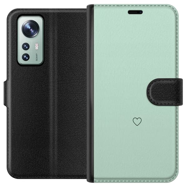 Kompatibel Tegnebogsetui til Xiaomi 12 Enkel sort hjertekontur centreret mod mintgrøn baggrund