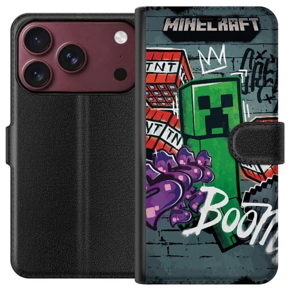 Kompatibel Tegnebogsetui til Apple iPhone 18 Pro Max Grønt spilmotiv med blokfigur, dynamit og grafiske graffitidetaljer
