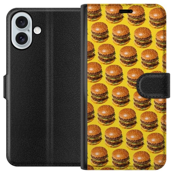 Kompatibel Tegnebogsetui til Apple iPhone 16 Plus Grafisk hamburgermønster til madelskere