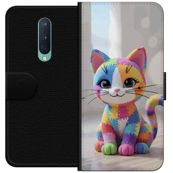 Kompatibel Tegnebogsetui til OnePlus 8 Sød farverig kat i patchworkstil med store øjne