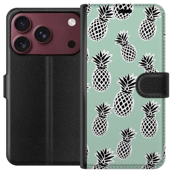 Kompatibel Tegnebogsetui til Apple iPhone 18 Pro Grafisk mønster med sorte og hvide ananaser på mintgrøn baggrund