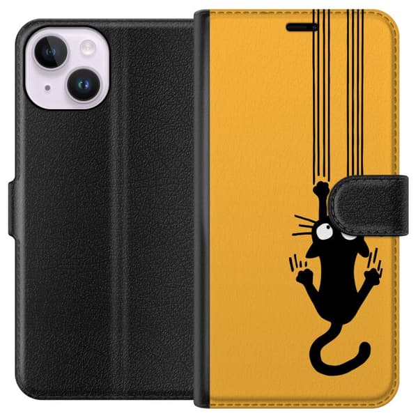 Kompatibel Tegnebogsetui til Apple iPhone 14 Orange illustration med sort kat, der klatrer og kigger opad