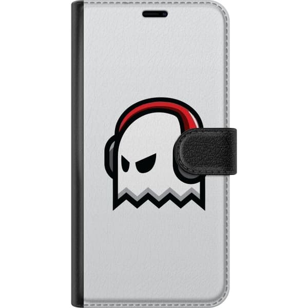 Kompatibel Tegnebogsetui til Apple iPhone 8 Plus Hvidt spøgelse med røde og sorte hovedtelefoner mod lysegrå baggrund