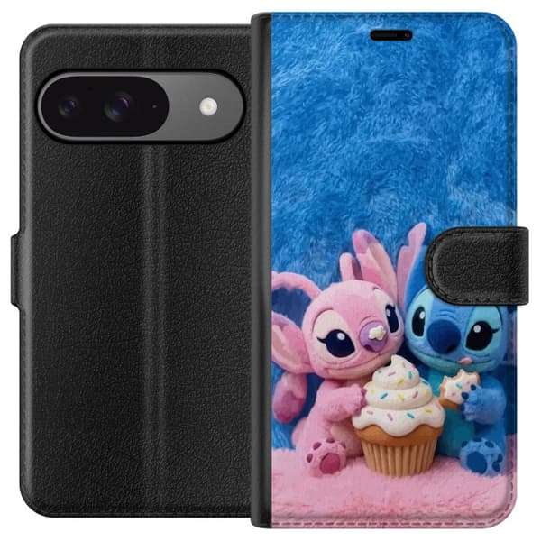 Kompatibel Tegnebogsetui til Google Pixel 9 Søde blå og lyserøde figurer med stor cupcake og krymmel