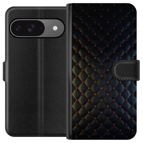 Kompatibel Tegnebogsetui til Google Pixel 9 Pro Elegant sort bølgemønster med dekorative krystaldetaljer