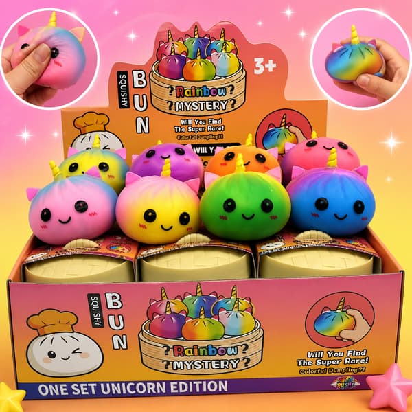 Dumpling Squishy Rainbow Unicorn Bun 8,5 cm – Squishy Stressbold, Fidget Toy & Sensorisk Legetøj