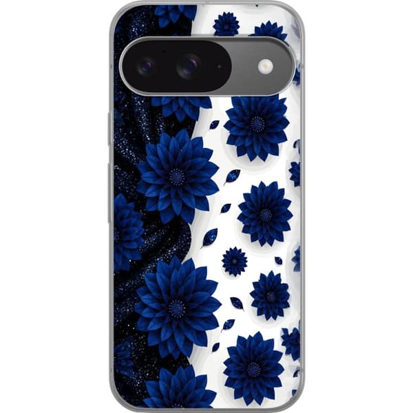 Kompatibelt Mobildeksel til Google Pixel 9 Pro Blomstermønster med dypblå blomster og blader på hvit bakgrunn