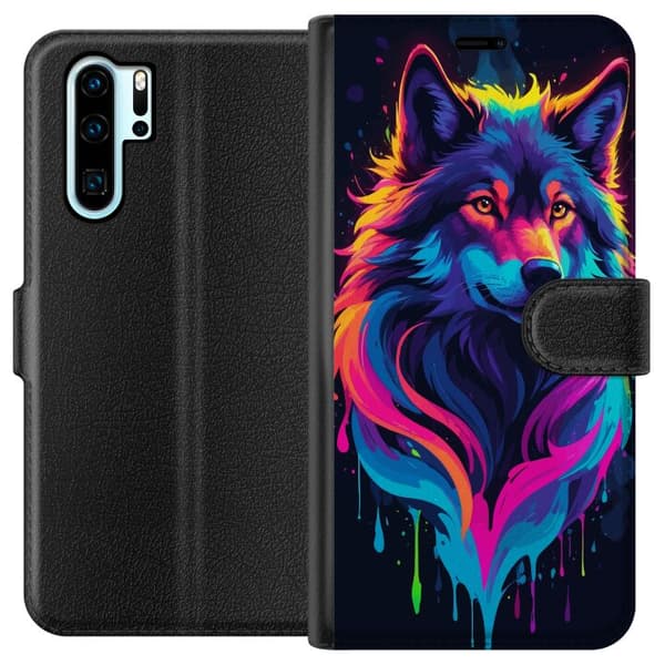 Kompatibel Tegnebogsetui til Huawei P30 Pro Regnbueulvekunst i farverig Neon Splash-stil