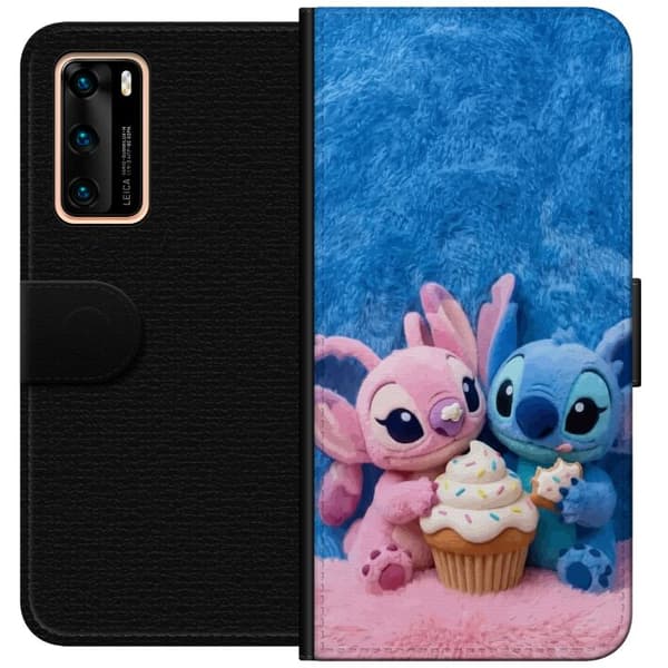 Kompatibel Tegnebogsetui til Huawei P40 Søde blå og lyserøde figurer med stor cupcake og krymmel