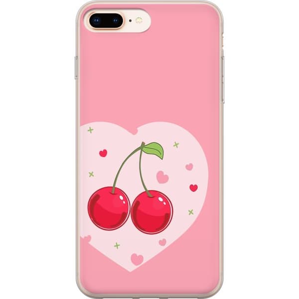 Kompatibelt Mobildeksel til Apple iPhone 7 Plus Rosa hjertemotiv med illustrerte røde kirsebær og grønne blader