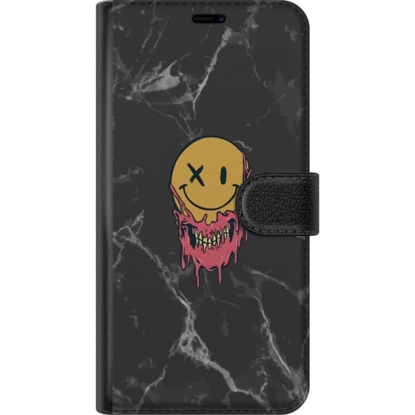 Kompatibel Tegnebogsetui til Apple iPhone Air Grafisk smiley med lyserøde skeletdetaljer mod en sort marmorinspireret baggrund