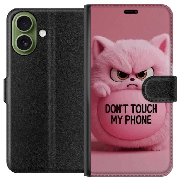 Kompatibel Tegnebogsetui til Apple iPhone 18 Lyserød kat med vred mine og teksten Don't Touch My Phone