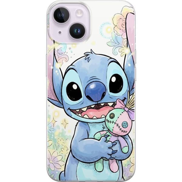 Kompatibelt Mobilskal till Apple iPhone 14 Stitch håller liten patchwork-docka bland pastellblommor