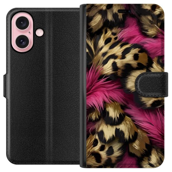 Kompatibel Tegnebogsetui til Apple iPhone 16 Blødt leopardmønster med lyserøde detaljer