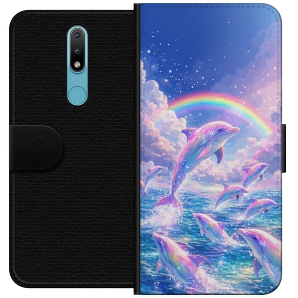 Kompatibel Tegnebogsetui til Nokia 2.4 Glittrande regnbågsdelfiner