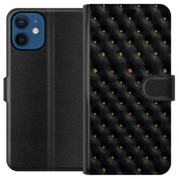 Kompatibel Tegnebogsetui til Apple iPhone 12 mini Elegant sort diamantmønster med guldfarvede detaljer