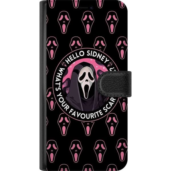 Kompatibel Tegnebogsetui til Xiaomi Redmi Note 15 5G Sort baggrund med lyserøde skrækmasker, central maskeret figur og teksten Hello Sidney