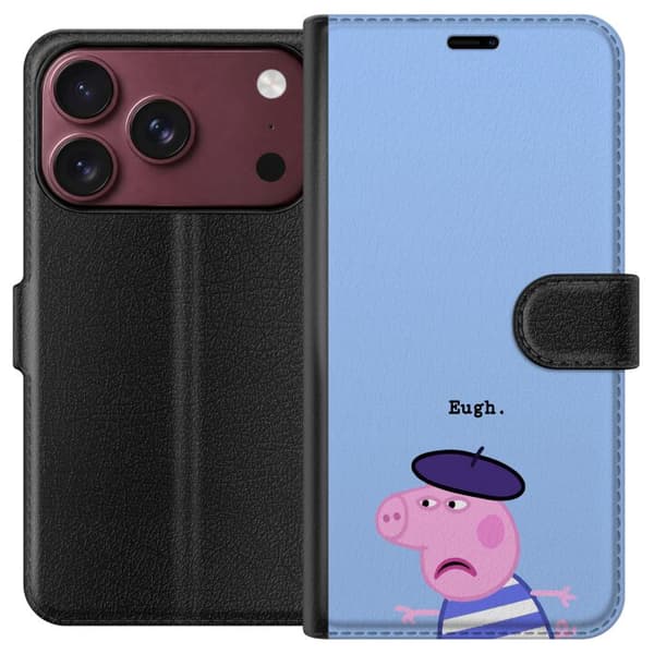 Kompatibel Tegnebogsetui til Apple iPhone 18 Pro Max Peppa Pig med basker og teksten Eugh på lyseblå baggrund