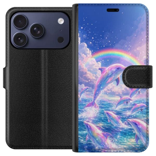 Kompatibel Tegnebogsetui til Apple iPhone 17 Pro Glittrande regnbågsdelfiner