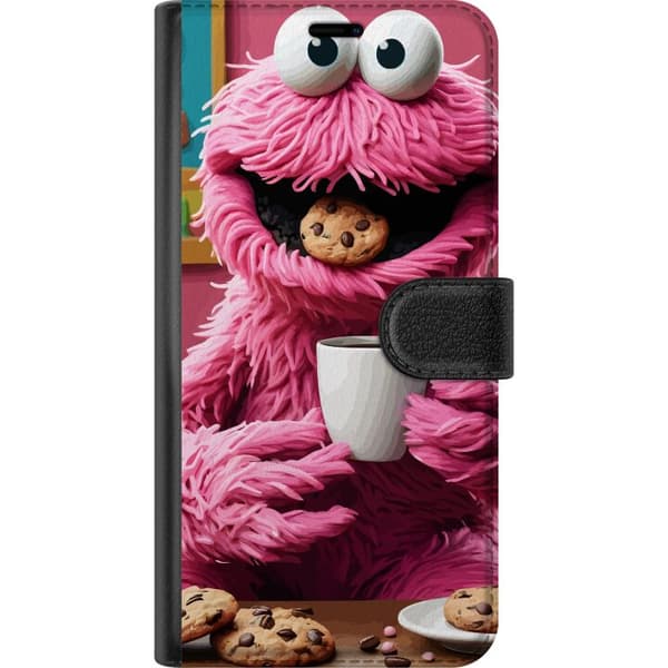 Kompatibel Tegnebogsetui til Apple iPhone 14 Pro Max Illustration af en lyserød cookie monster nyder kaffe og chokoladekage