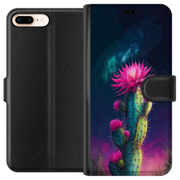 Kompatibel Tegnebogsetui til Apple iPhone 8 Plus Blomstrende kaktus med lyserøde blomster mod en mørk stjernehimmel