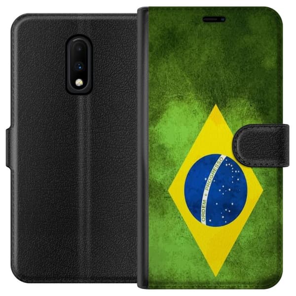 Kompatibel Tegnebogsetui til OnePlus 7 Brasiliansk flag med rustik tekstur