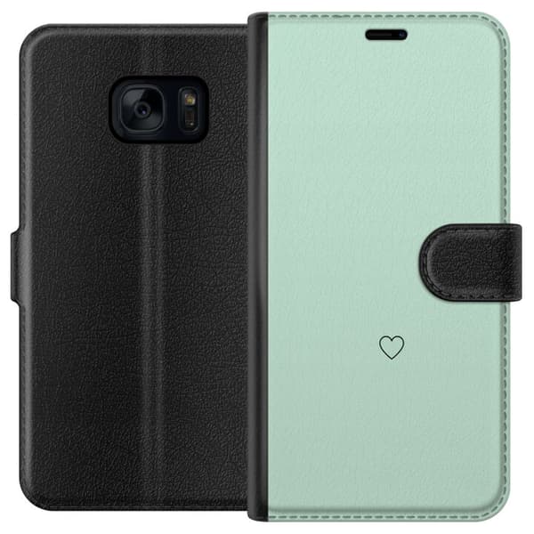 Kompatibel Tegnebogsetui til Samsung Galaxy S7 Enkel sort hjertekontur centreret mod mintgrøn baggrund