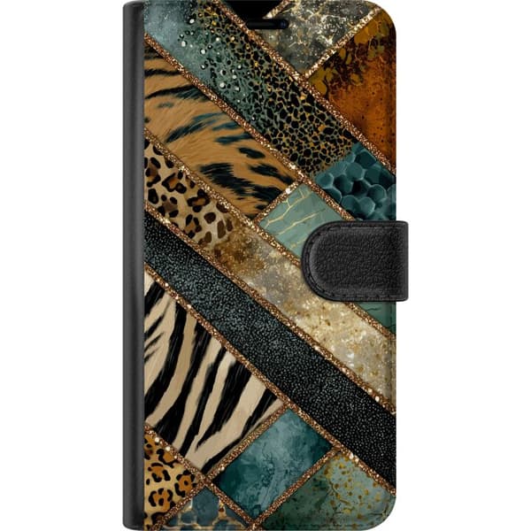 Kompatibel Tegnebogsetui til Apple iPhone 7 Plus Dekorativt patchwork i turkis, guld og sort med leopard-, tiger- og zebramønster