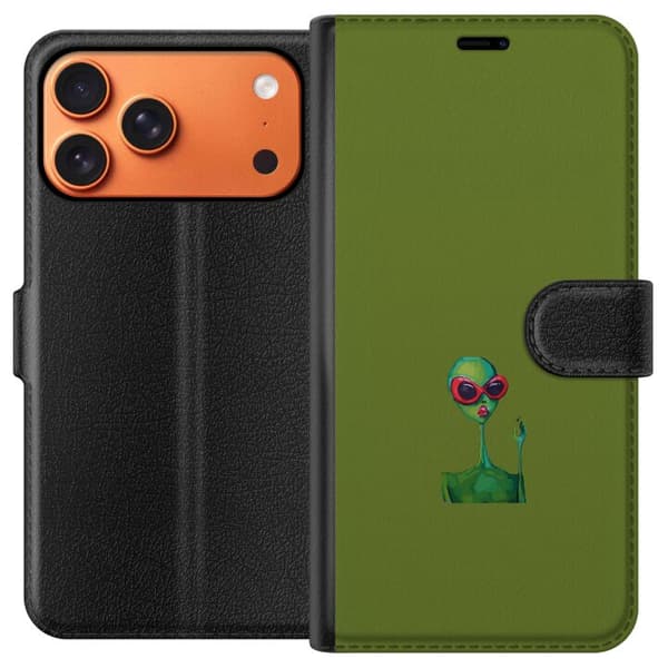 Kompatibel Tegnebogsetui til Apple iPhone 17 Pro Max Minimalistisk grøn alien med røde solbriller og lyserøde læber mod olivengrøn