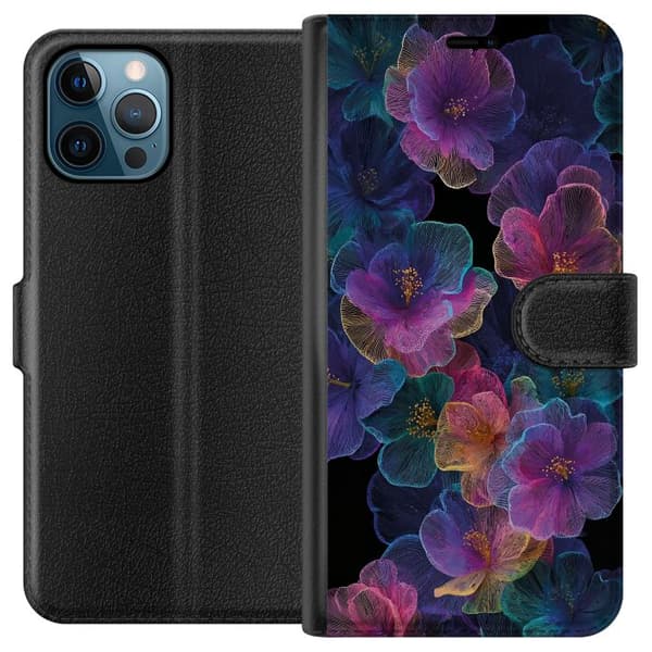 Kompatibel Tegnebogsetui til Apple iPhone 12 Pro Max Elegant blomstermønster med mørk baggrund
