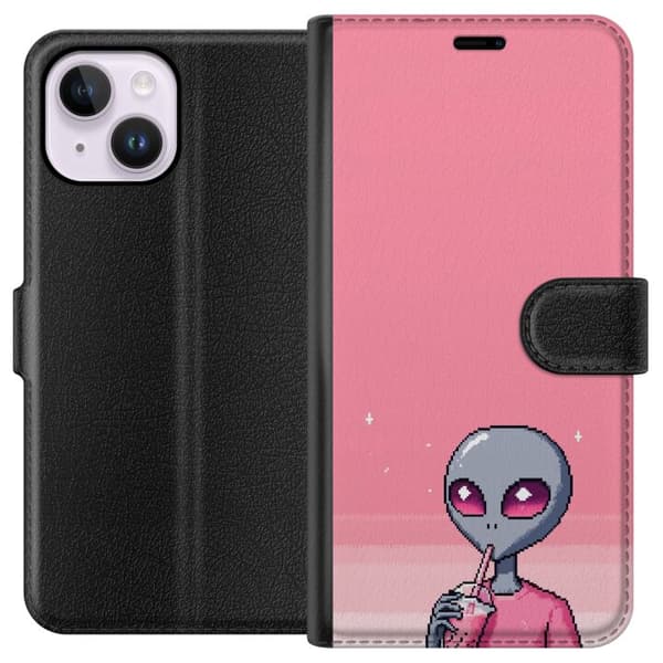 Kompatibel Tegnebogsetui til Apple iPhone 14 Plus Pixelalien med rosa dryck