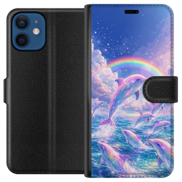 Kompatibel Tegnebogsetui til Apple iPhone 12 Glittrande regnbågsdelfiner