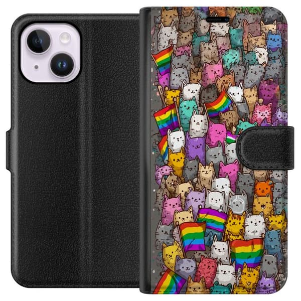Kompatibel Tegnebogsetui til Apple iPhone 14 Plus Illustrerede katte med stolte flag i farverig samling