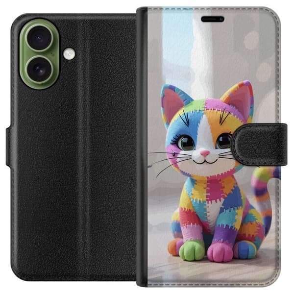 Kompatibel Tegnebogsetui til Apple iPhone 17 Sød farverig kat i patchworkstil med store øjne