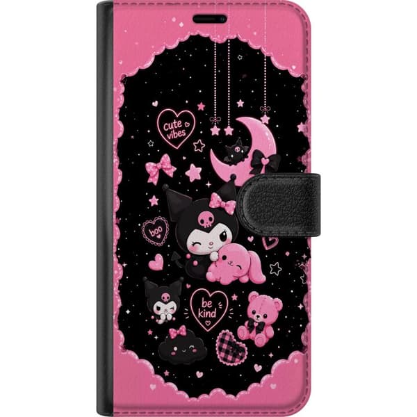 Kompatibel Tegnebogsetui til Google Pixel 9a Rosa og sort motiv med søde gothfigurer, hjerter, måne og dekorativ tekst