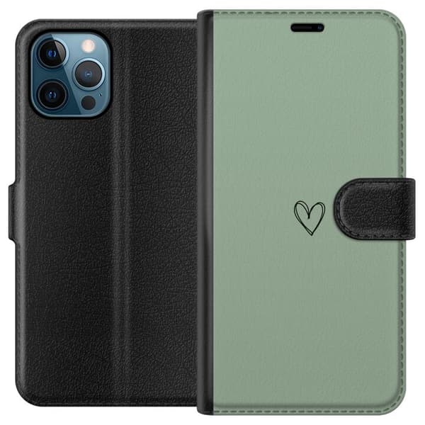 Kompatibel Tegnebogsetui til Apple iPhone 12 Pro Max Enkelt sort hjerte på minimalistisk lysegrøn baggrund