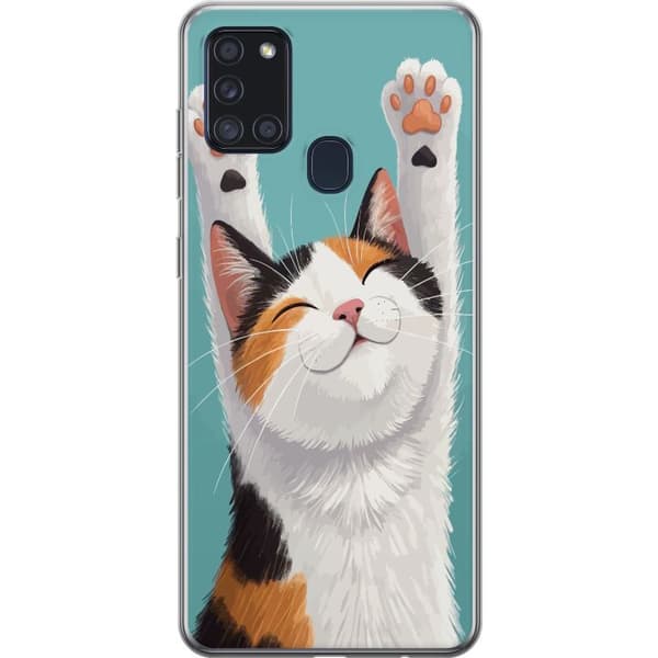 Kompatibelt Mobildeksel til Samsung Galaxy A21s Glad trefärgad katt