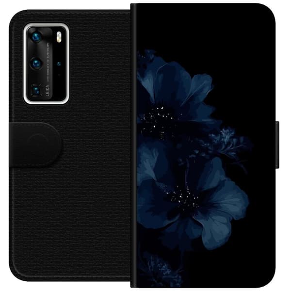Kompatibel Tegnebogsetui til Huawei P40 Pro Mörkblå blommor
