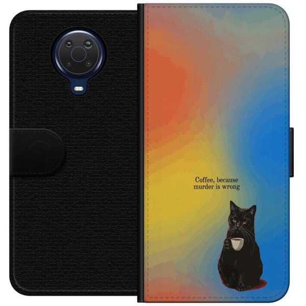 Kompatibel Tegnebogsetui til Nokia G20 Humoristisk motiv med sort kat, kaffe og teksten Coffee Because Murder Is Wrong