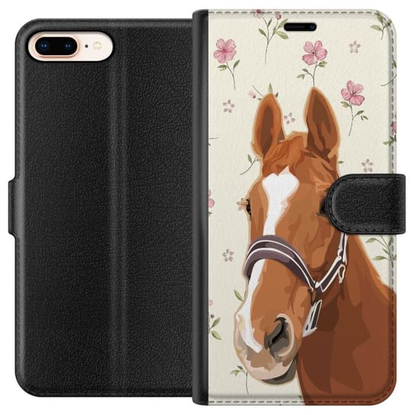 Kompatibel Tegnebogsetui til Apple iPhone 8 Plus Brun hest med hvid blis blandt romantiske lyserøde blomster