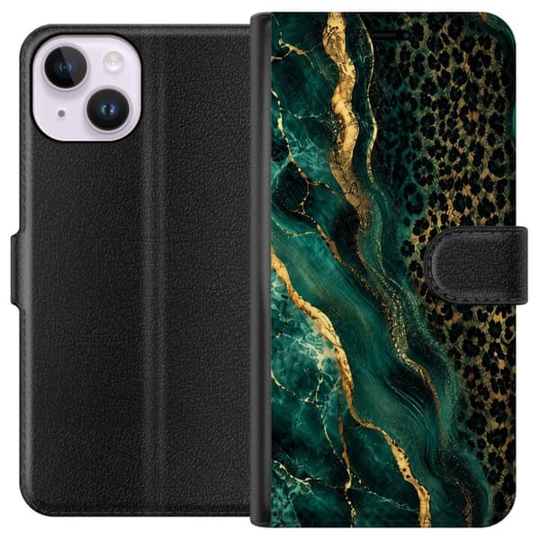 Kompatibelt Lommeboketui til Apple iPhone 15 Smaragdleopard