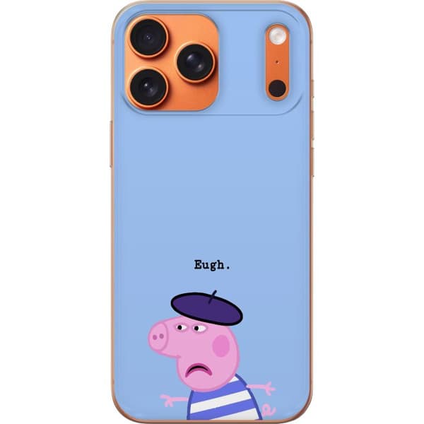 Kompatibelt Mobildeksel til Apple iPhone 18 Pro Max Peppa Pig med beret og teksten Eugh på lyseblå bakgrunn