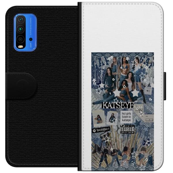Kompatibel Tegnebogsetui til Xiaomi Redmi Note 9 4G KATSEYE i blå collage med gruppeportræt, stjerner, typografi og dekorative grafiske elementer