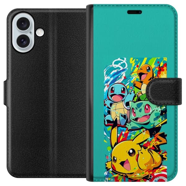Kompatibel Tegnebogsetui til Apple iPhone 16 Plus Actionfyldt collage med klassiske Pokémon