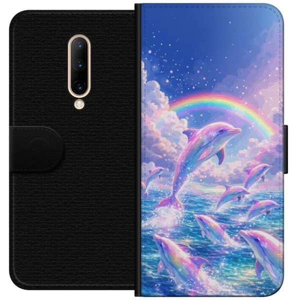 Kompatibel Tegnebogsetui til OnePlus 7 Pro Glittrande regnbågsdelfiner