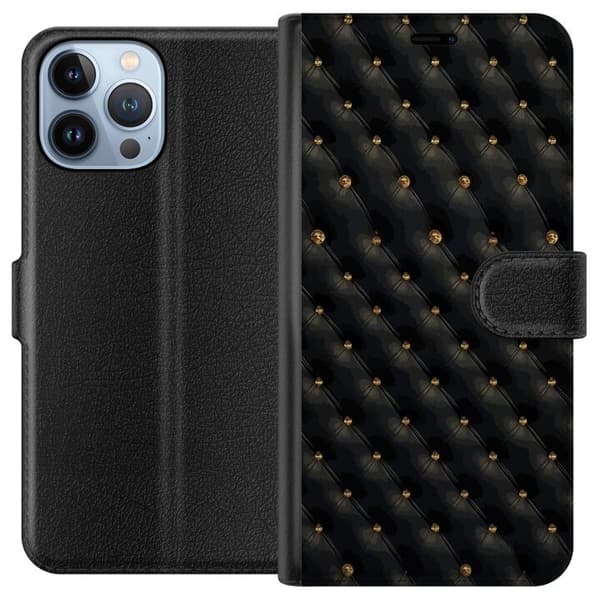 Kompatibel Tegnebogsetui til Apple iPhone 13 Pro Max Elegant sort diamantmønster med guldfarvede detaljer