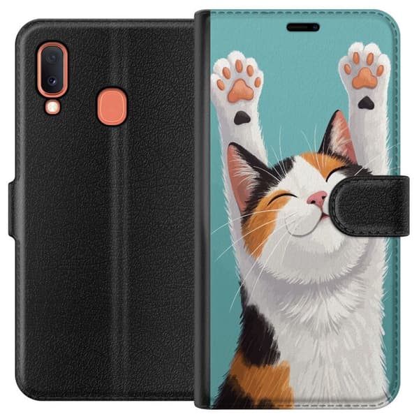 Kompatibelt Lommeboketui til Samsung Galaxy A20e Glad trefärgad katt