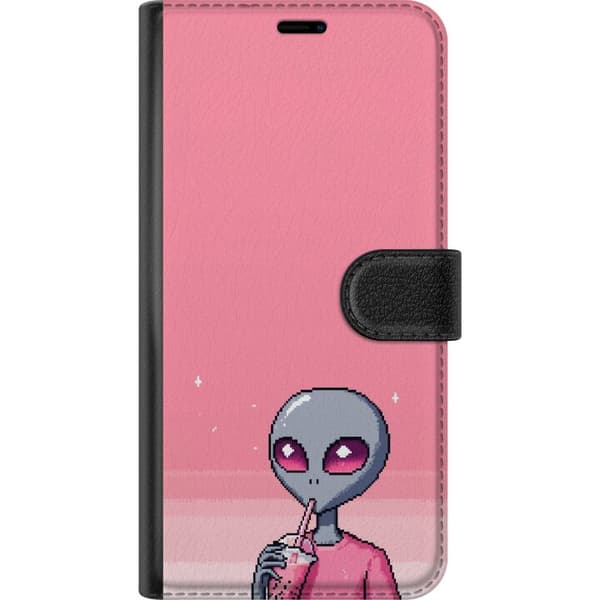 Kompatibel Tegnebogsetui til Apple iPhone 14 Plus Pixelalien med rosa dryck